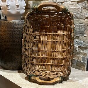 vintage wicker rectangle double-handled basket wrapped w/ green seed beads